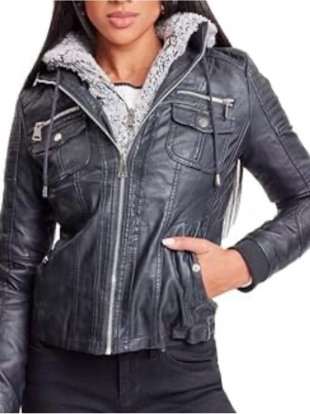 YMI Black Faux Leather Moto Jacket Sherpa Hood S